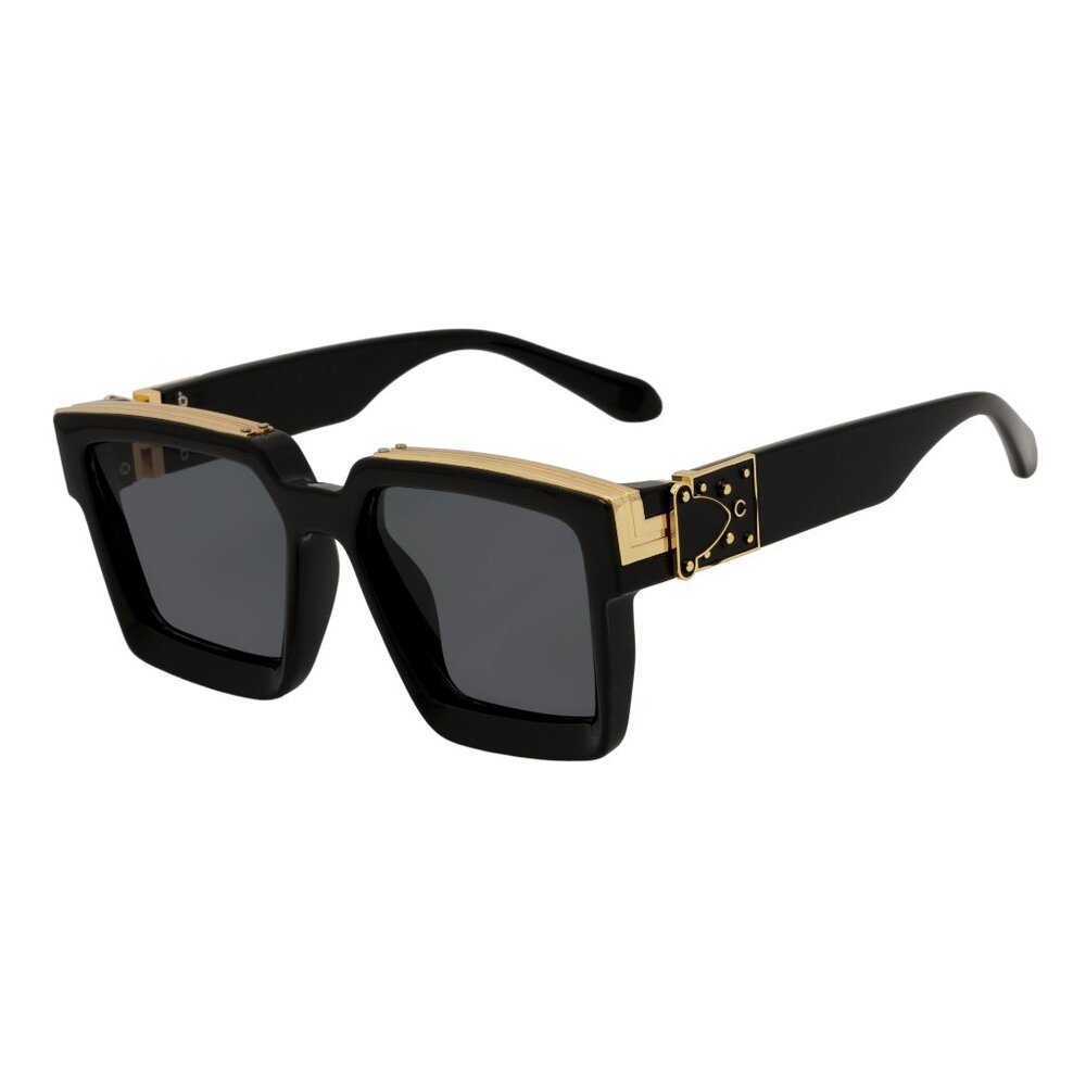 Millionaire Large Square High Fashion Square Sunglasses Gloss Black-Gold Smoke